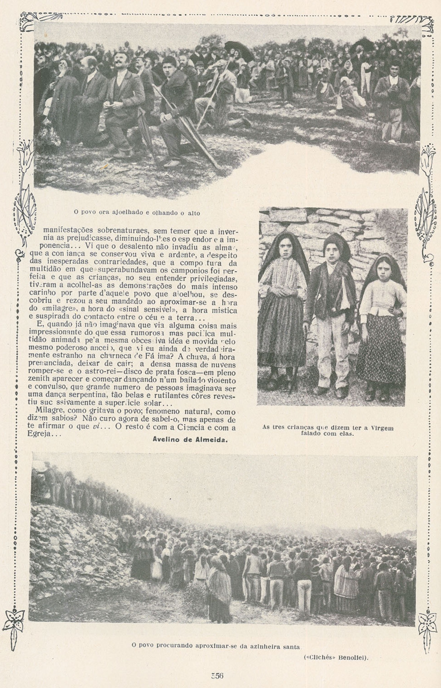 Historic illustrated press page recounting the Miracle of the Sun after the Fatima event.